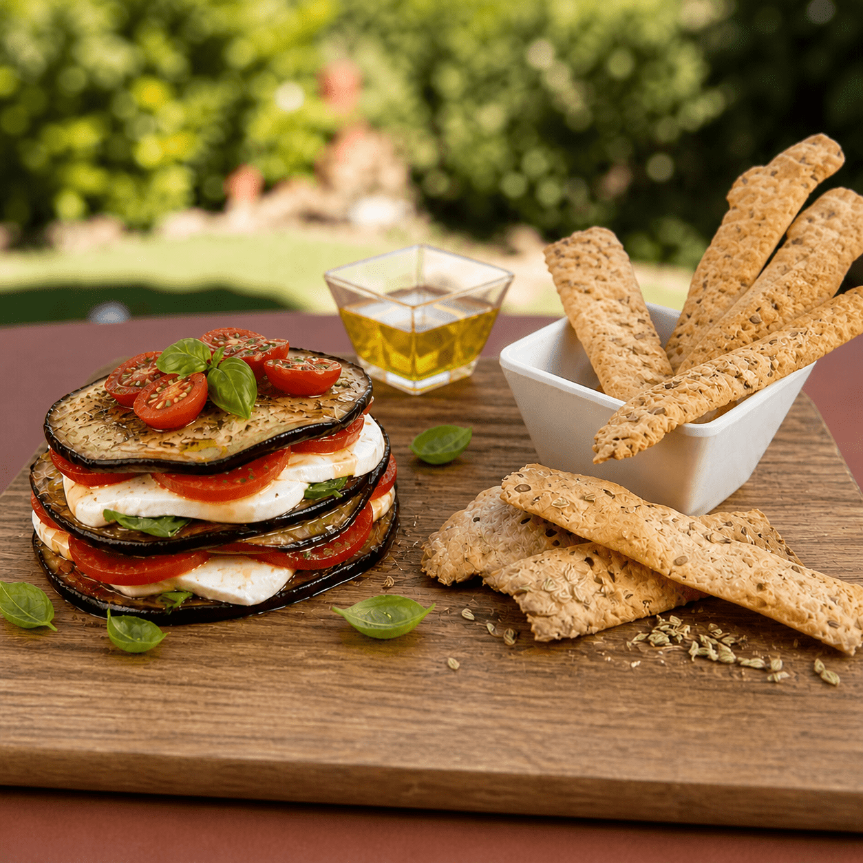 Millefoglie di Melanzane, Pomodoro e Mozzarella con Vele Croccanti al Finocchio BellaVita - Linea Bella Vita